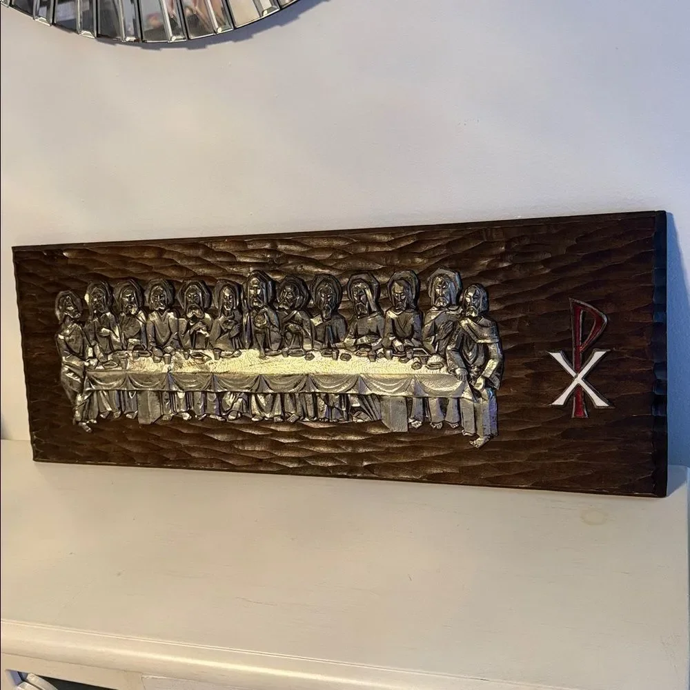 Vintage Last Supper Wood Carved Wall Art Panel Christian Chi Rho Decor